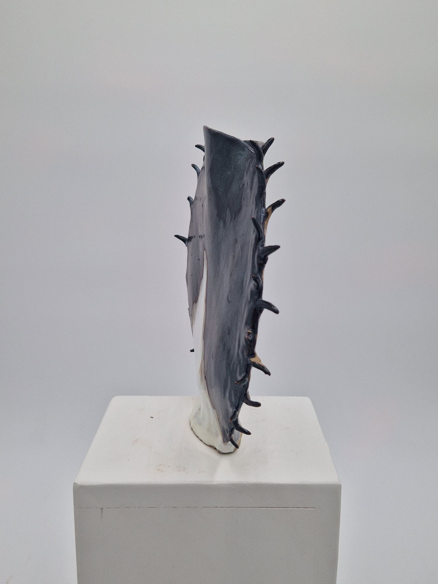 Vue de profil de ce biface à pics. Profil sur fond blanc de la pièce d'art Asterina.